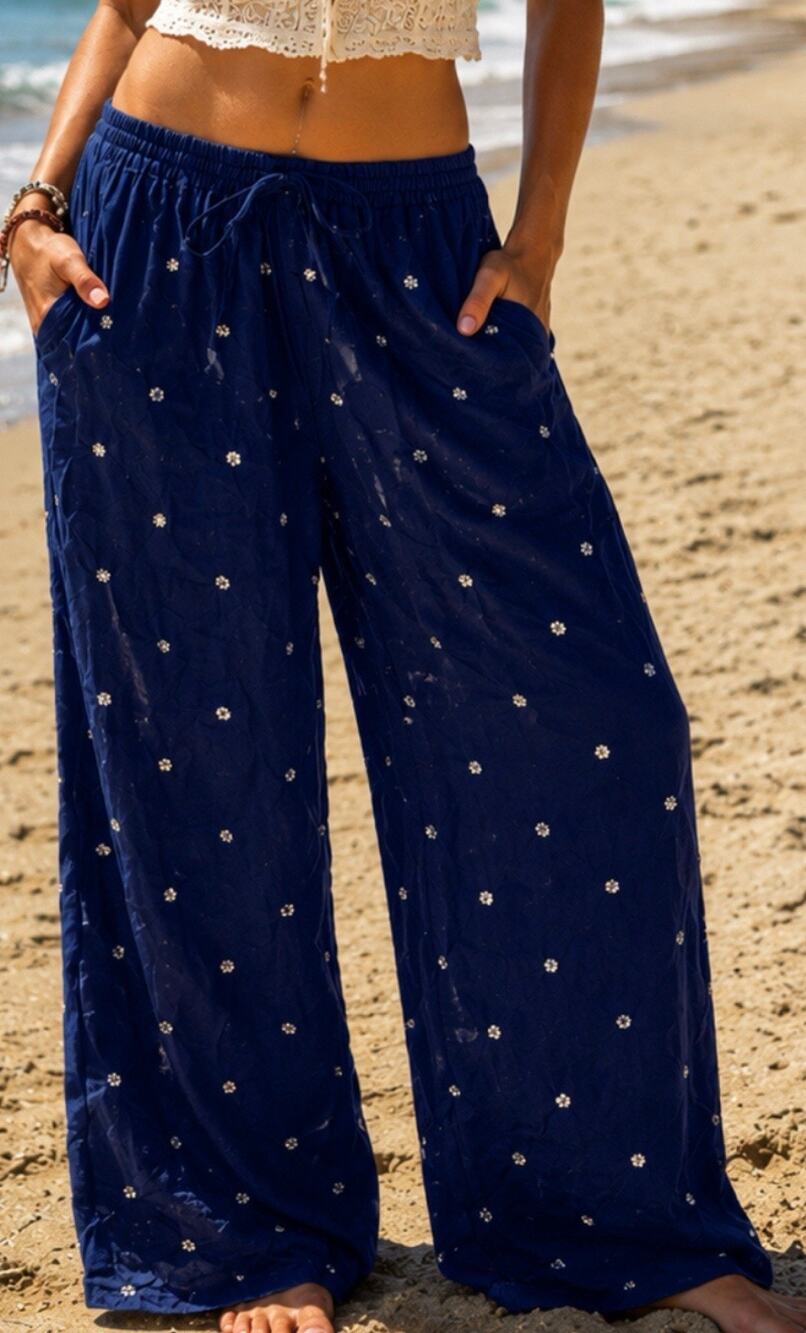 Hill House Navy Embroidered Wide Leg Pants Women’s Small 100% Lyocell Boho